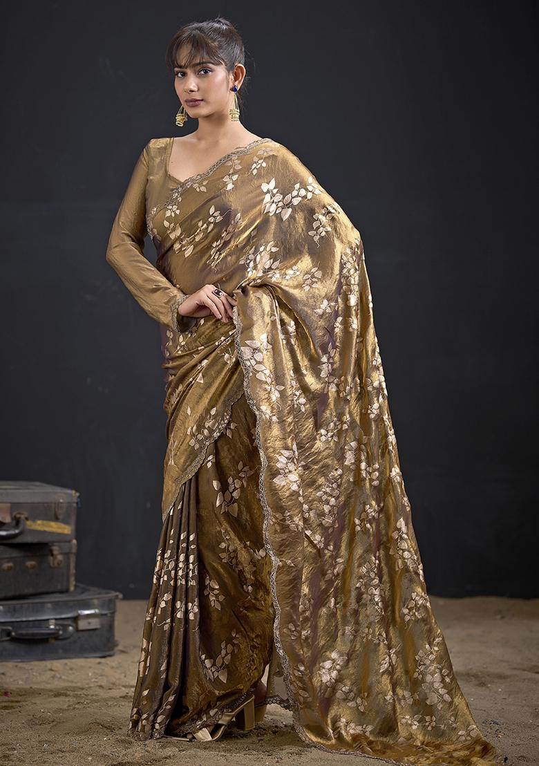 Brown Embroidered Silk Saree Set - Indya