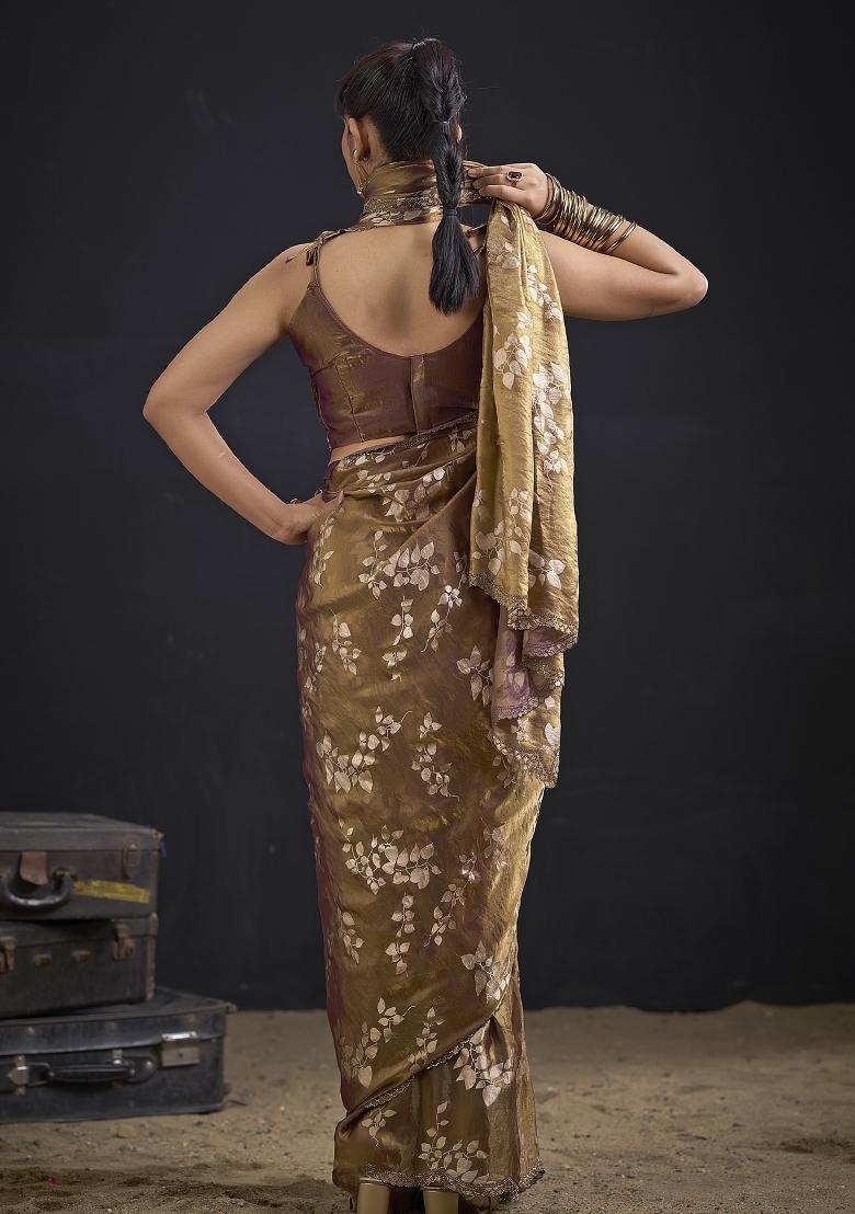 Brown Embroidered Silk Saree Set - Indya