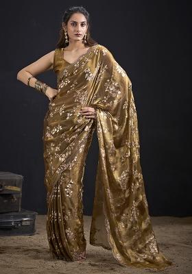 Golden Embroidered Silk Saree Set