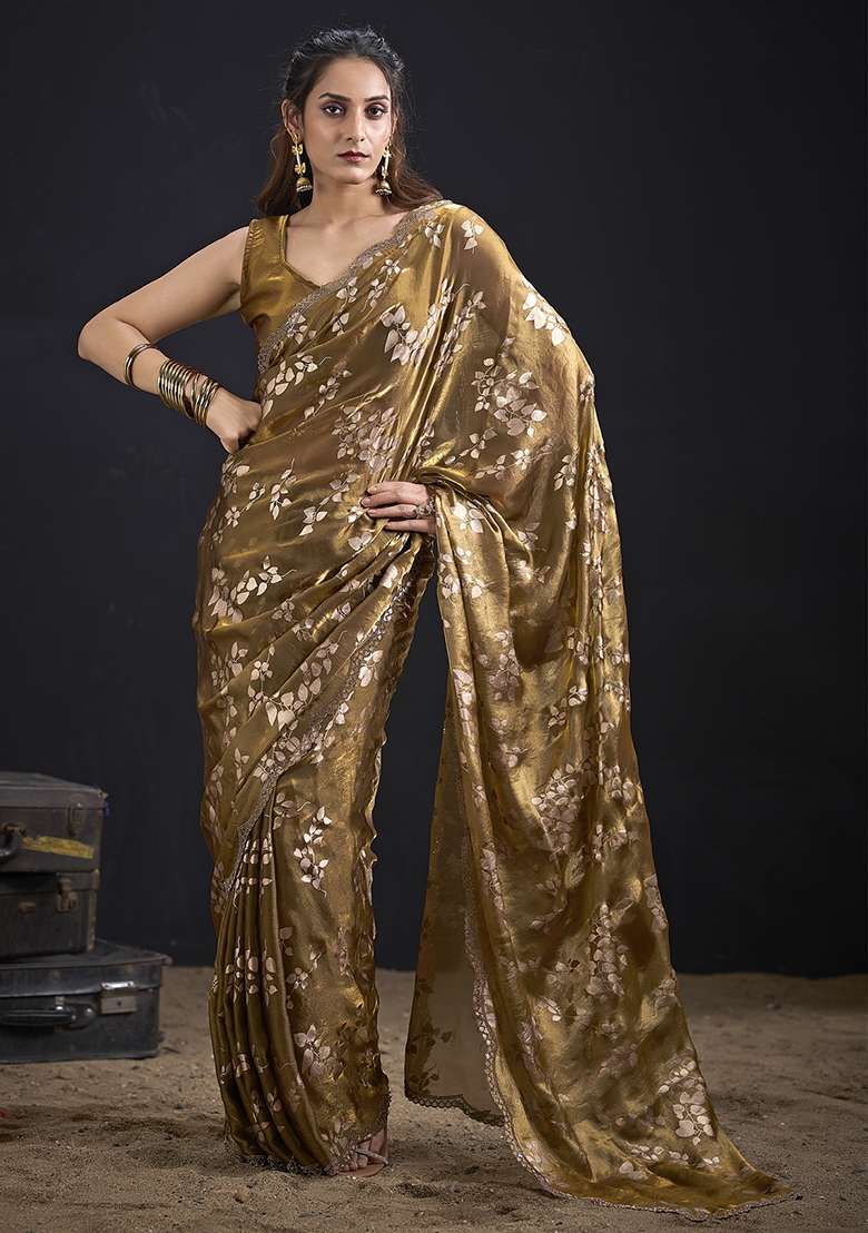 Golden Embroidered Silk Saree Set for Diwali and Festive Wear - Indya