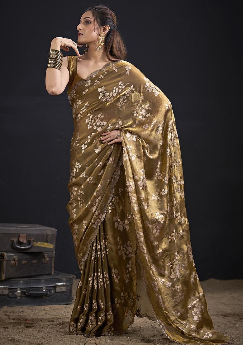 Golden Embroidered Silk Saree Set - Indya