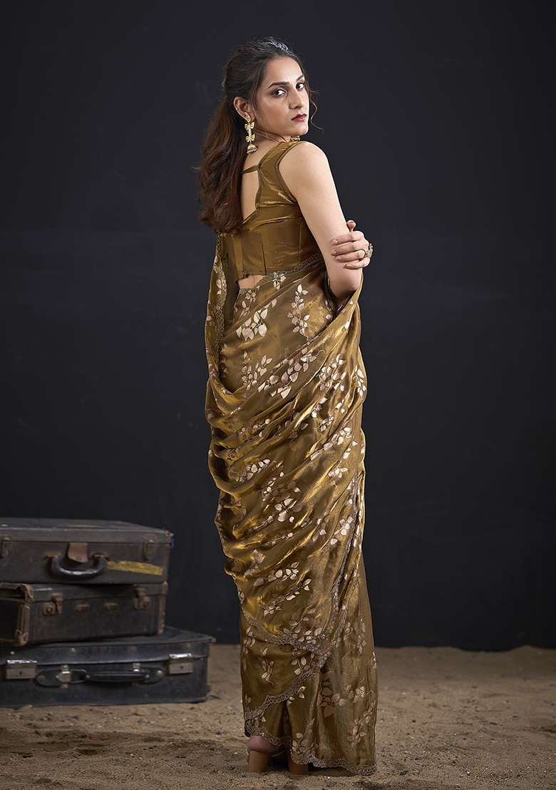 Golden Embroidered Silk Saree Set for Diwali and Festive Wear - Indya