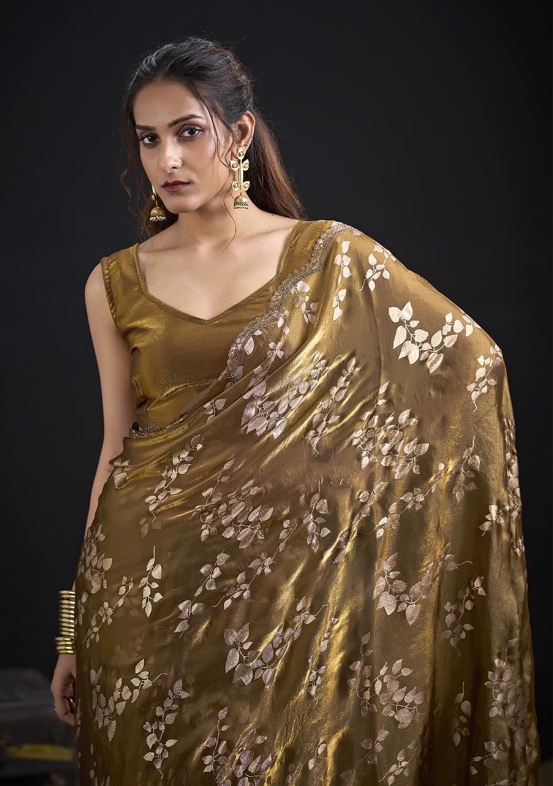 Golden Embroidered Silk Saree Set - Indya