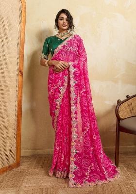 Pink Embroidered Georgette Saree Set