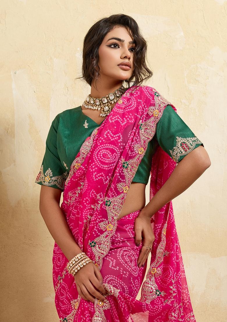 Pink Embroidered Georgette Saree Set - Indya