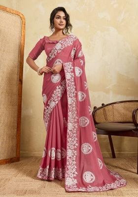 Gajari Pink Embroidered Georgette Saree Set