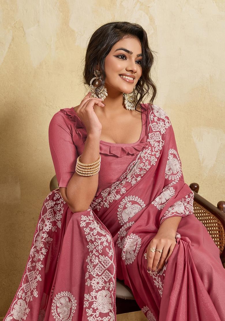 Gajari Pink Embroidered Georgette Saree Set - Indya