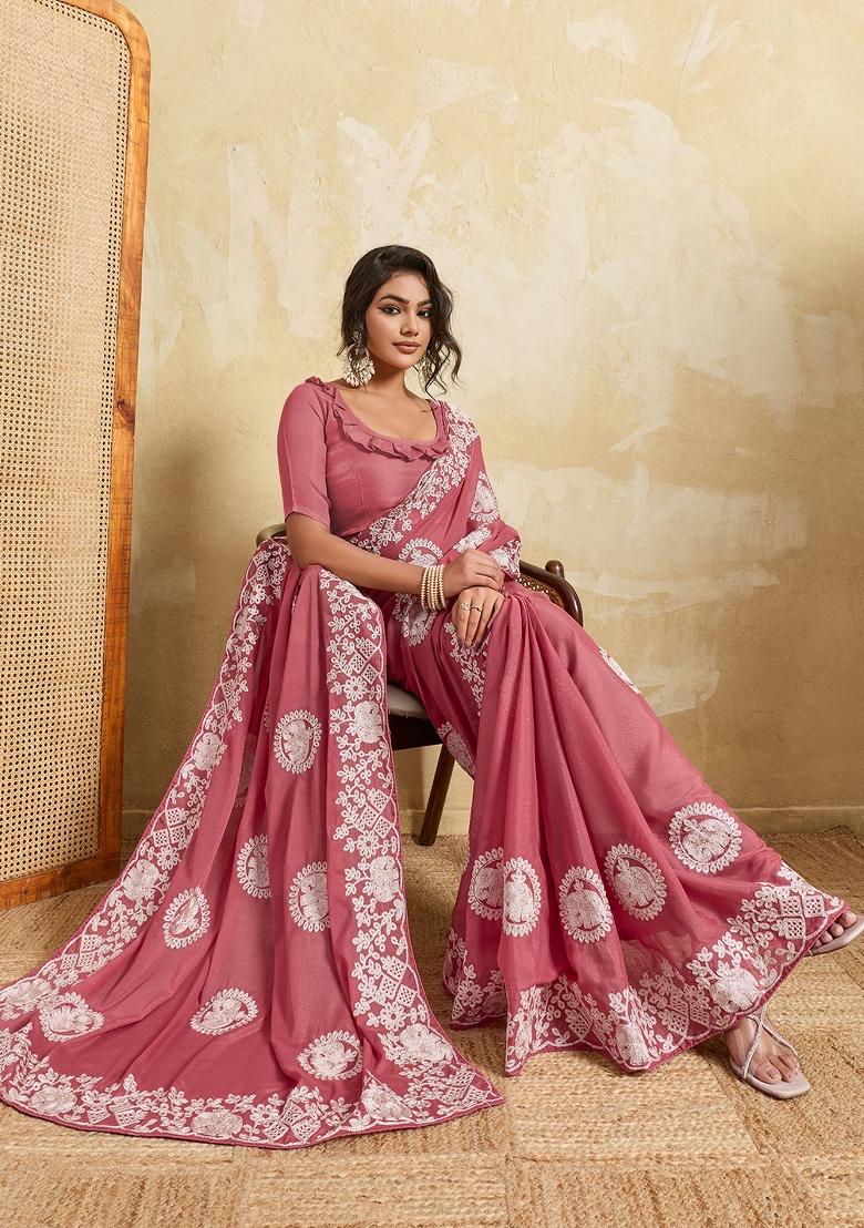 Gajari Pink Embroidered Georgette Saree Set - Indya