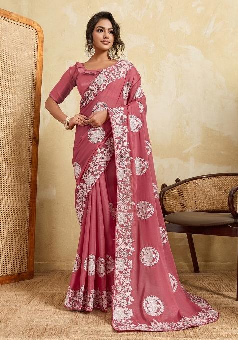 Gajari Pink Embroidered Georgette Saree Set