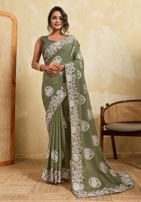 Olive Green Embroidered Georgette Saree Set