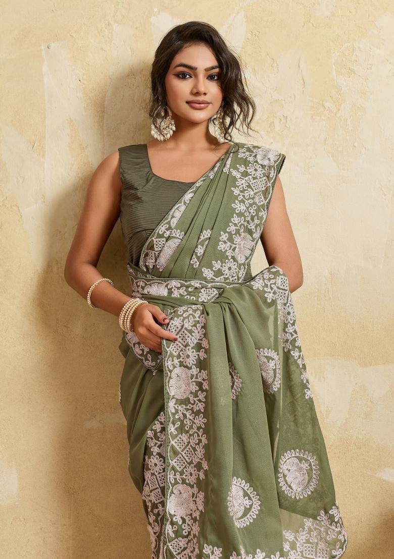 Olive Green Embroidered Georgette Saree Set - Indya