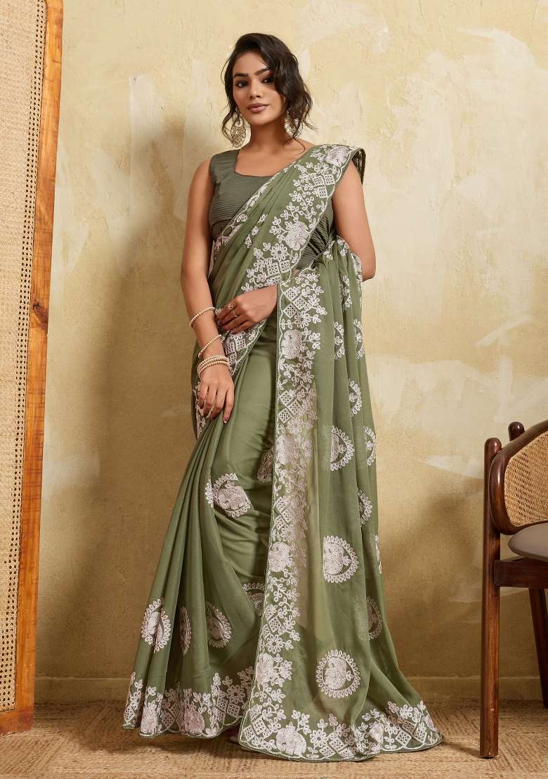 Olive Green Georgette Saree Set with Embroidered for Diwali | Wedding & Festive Wear - Indya