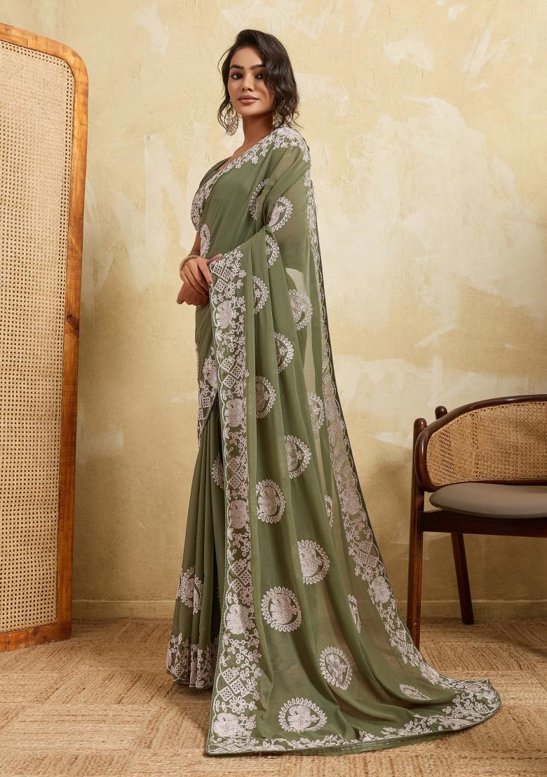 Olive Green Embroidered Georgette Saree Set - Indya