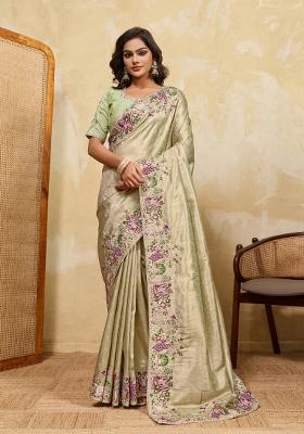 Pista Green Embroidered Silk Saree Set
