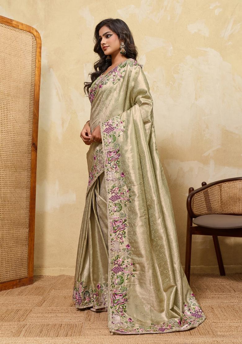 Pista Green Embroidered Silk Saree Set - Indya