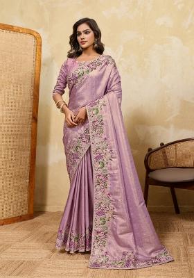 Purple Embroidered Silk Saree Set