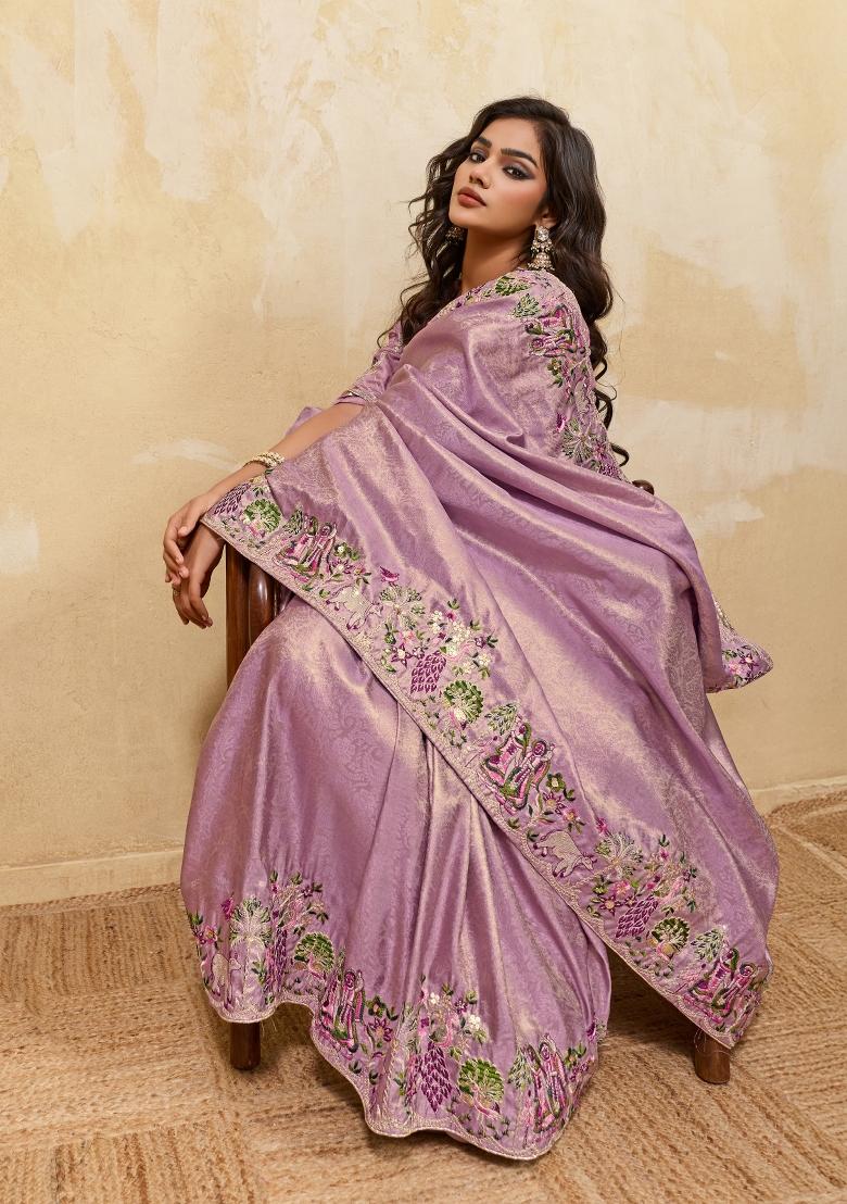 Purple Embroidered Silk Saree Set - Indya