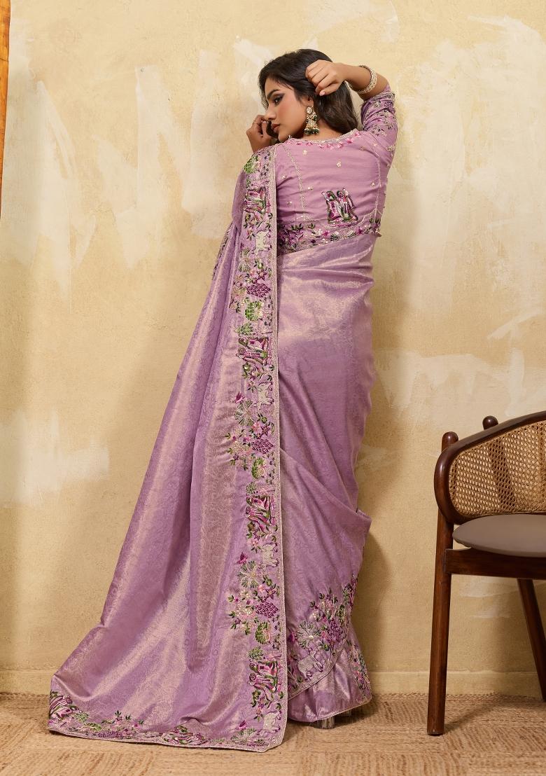 Purple Embroidered Silk Saree Set - Indya