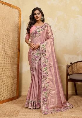Pink Embroidered Silk Saree Set