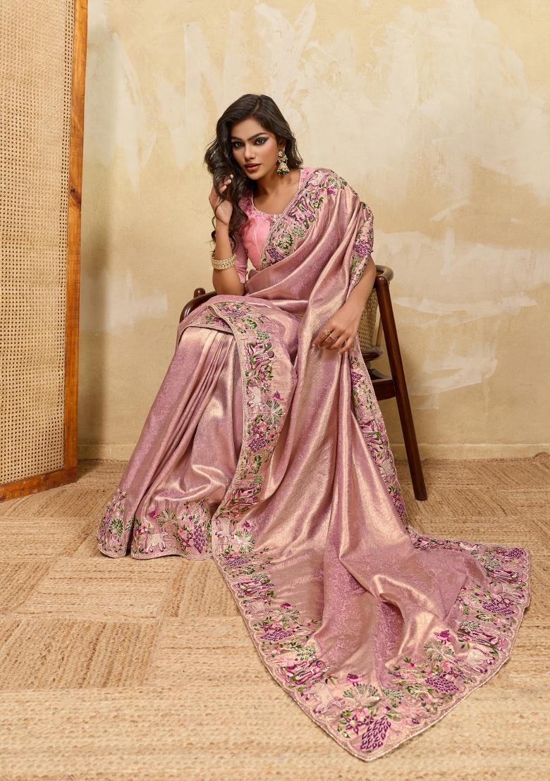 Pink Embroidered Silk Saree Set - Indya