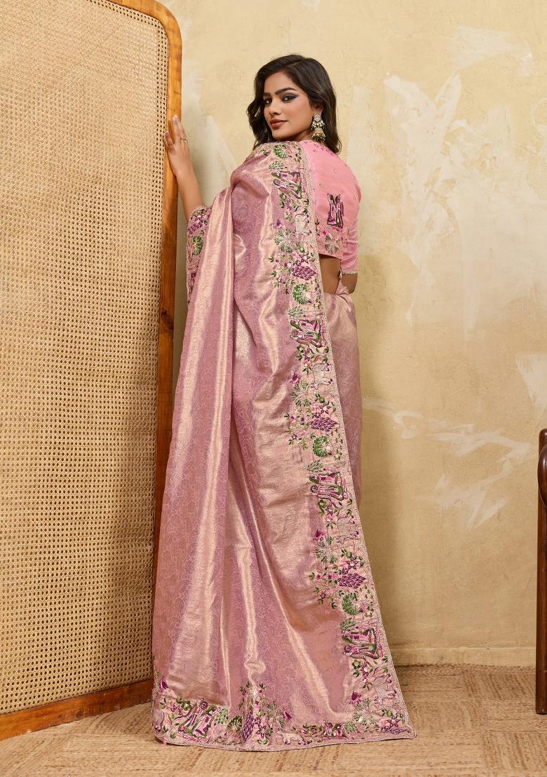 Pink Embroidered Silk Saree Set - Indya