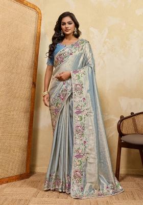 Sky Blue Embroidered Silk Saree Set