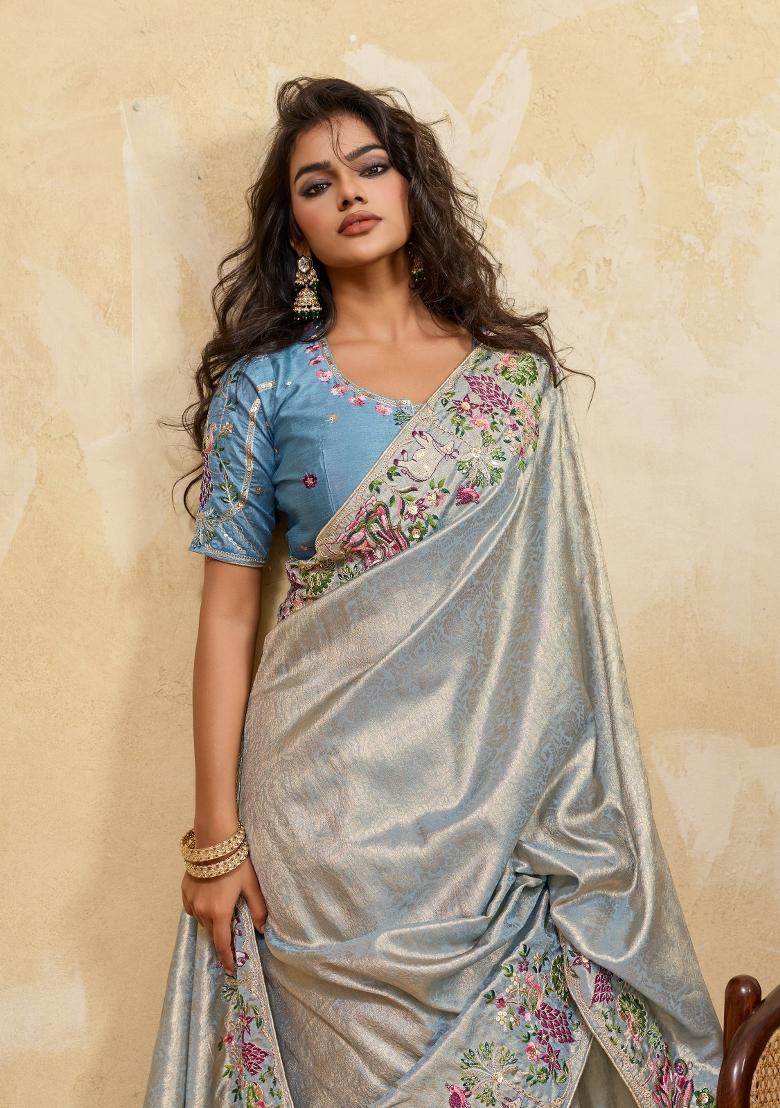 Sky Blue Embroidered Silk Saree Set - Indya