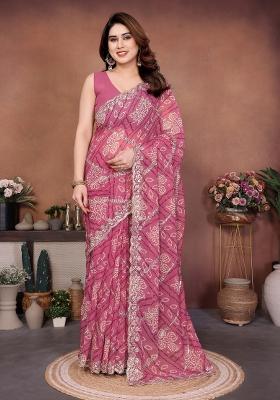 Pink Embroidered Georgette Saree Set