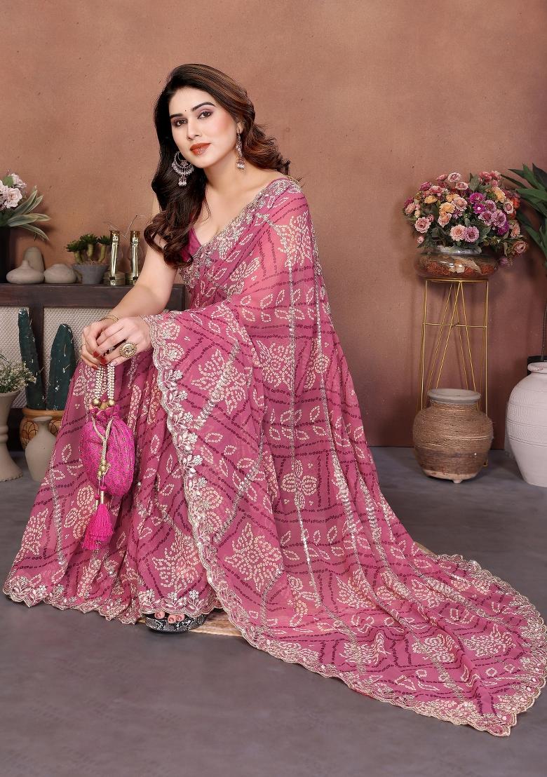 Pink Embroidered Georgette Saree Set - Indya