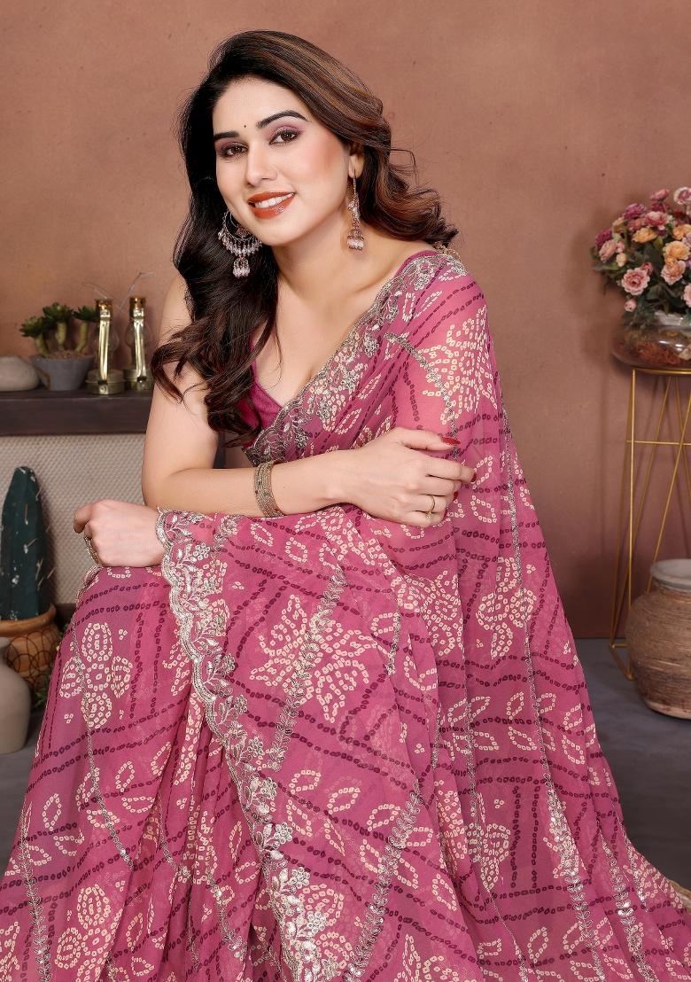 Pink Embroidered Georgette Saree Set - Indya