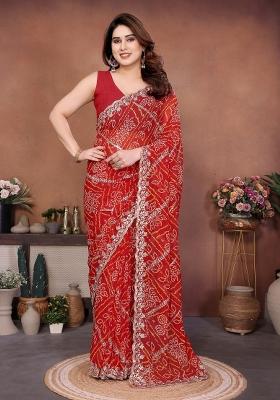 Red Embroidered Georgette Saree Set