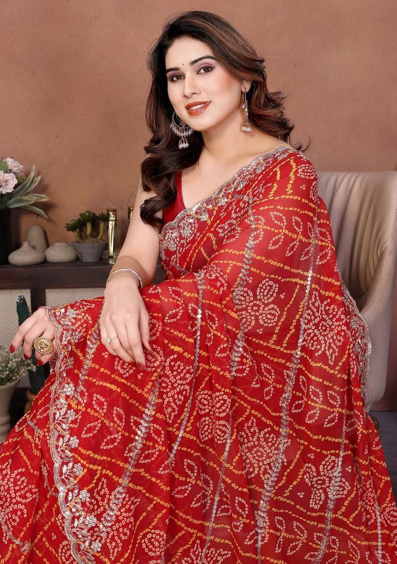 Red Embroidered Georgette Saree Set - Indya