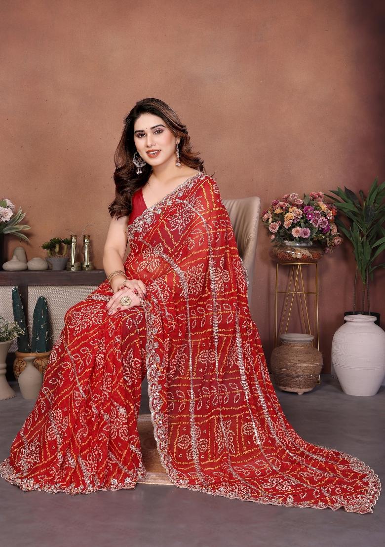 Red Embroidered Georgette Saree Set - Indya