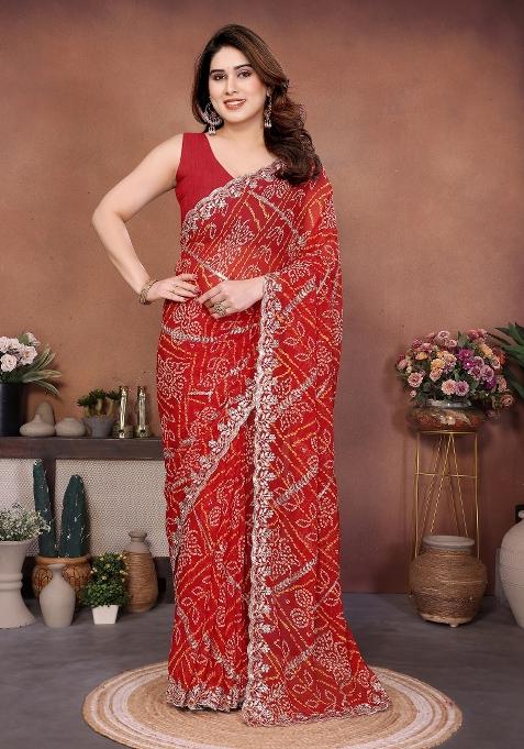 Red Embroidered Georgette Saree Set