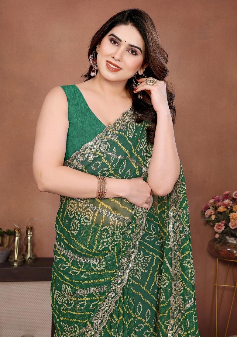 Green Embroidered Georgette Saree Set - Indya