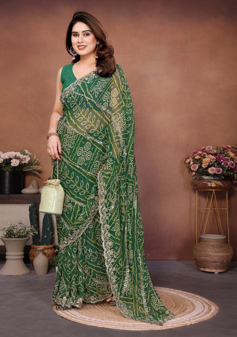 Green Embroidered Georgette Saree Set - Indya