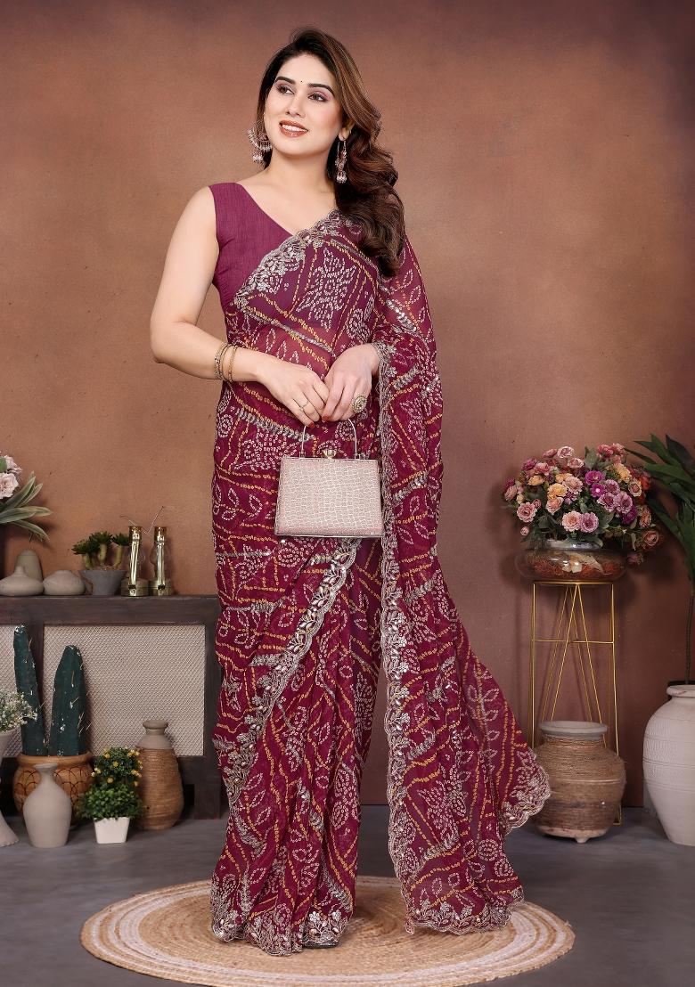 Maroon Embroidered Georgette Saree Set - Indya