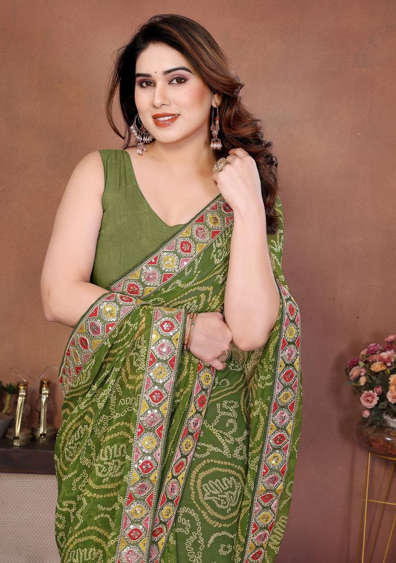 Green Embroidered Georgette Saree Set - Indya