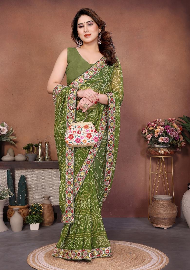 Green Embroidered Georgette Saree Set - Indya