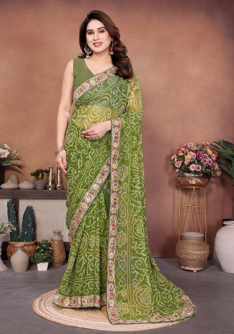 Green Embroidered Georgette Saree Set