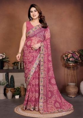 Pink Embroidered Georgette Saree Set
