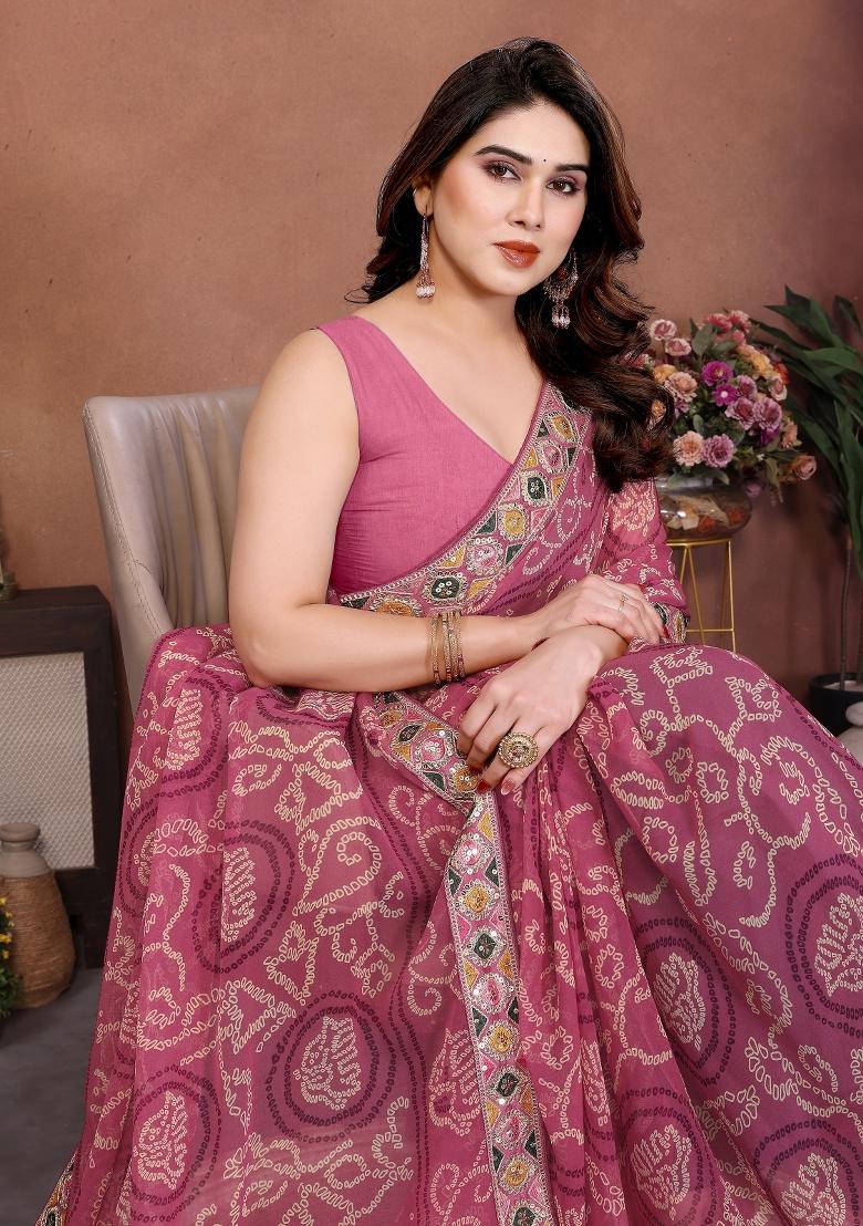 Pink Embroidered Georgette Saree Set - Indya