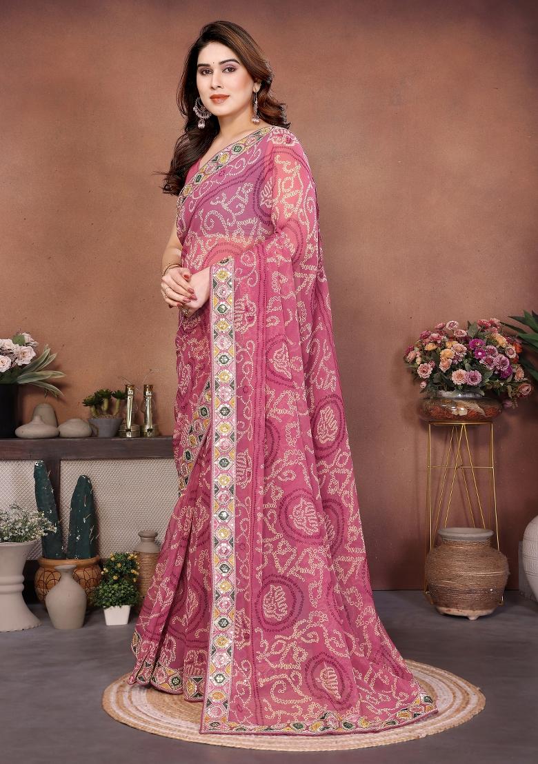 Pink Embroidered Georgette Saree Set - Indya