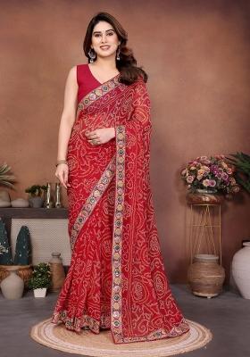 Red Embroidered Georgette Saree Set