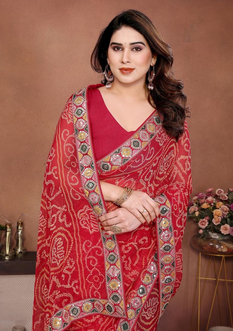 Red Embroidered Georgette Saree Set - Indya
