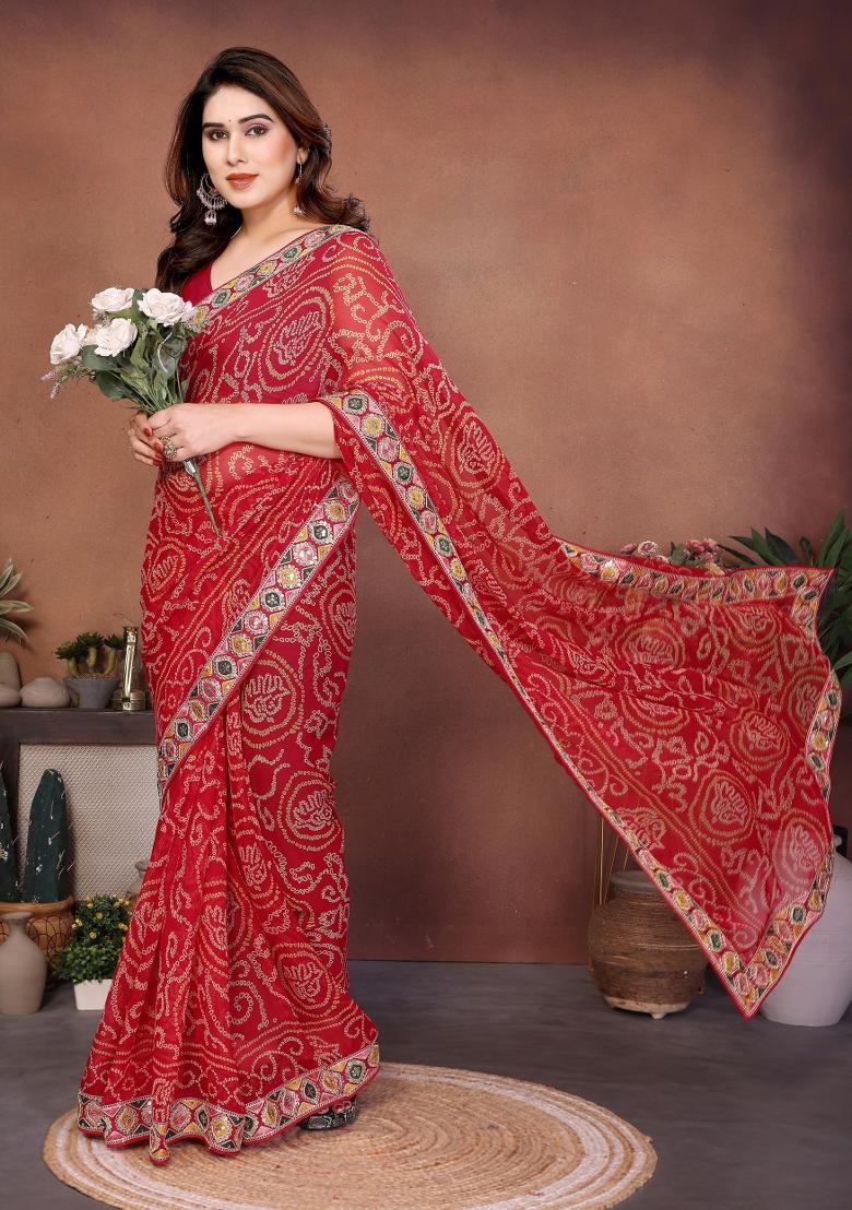 Red Embroidered Georgette Saree Set - Indya