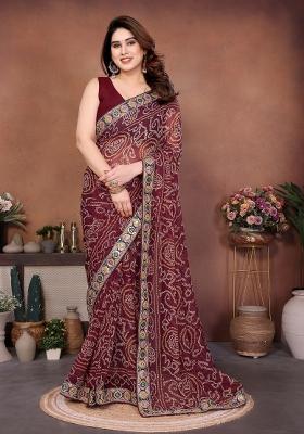Maroon Embroidered Georgette Saree Set