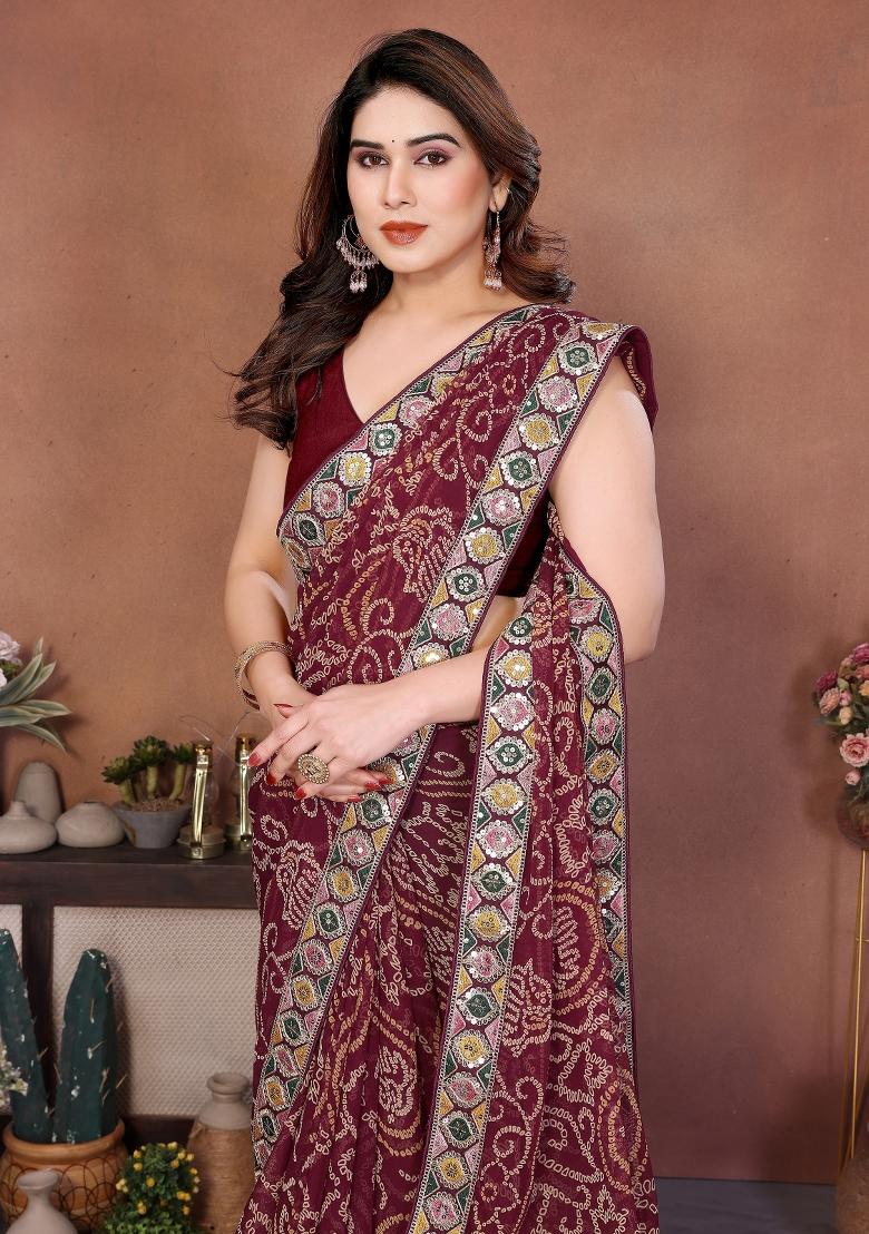 Maroon Embroidered Georgette Saree Set - Indya