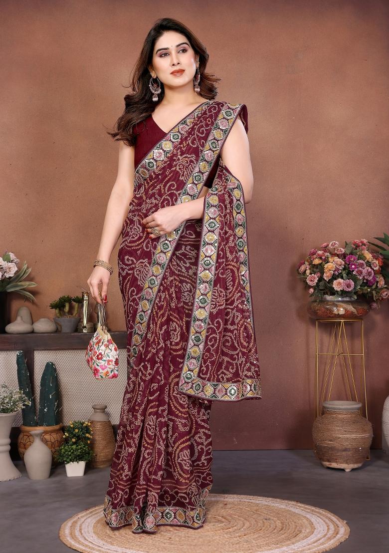 Maroon Embroidered Georgette Saree Set - Indya