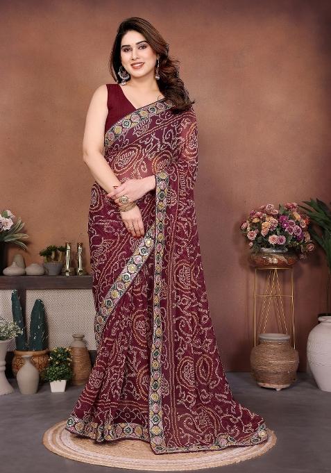 Maroon Embroidered Georgette Saree Set
